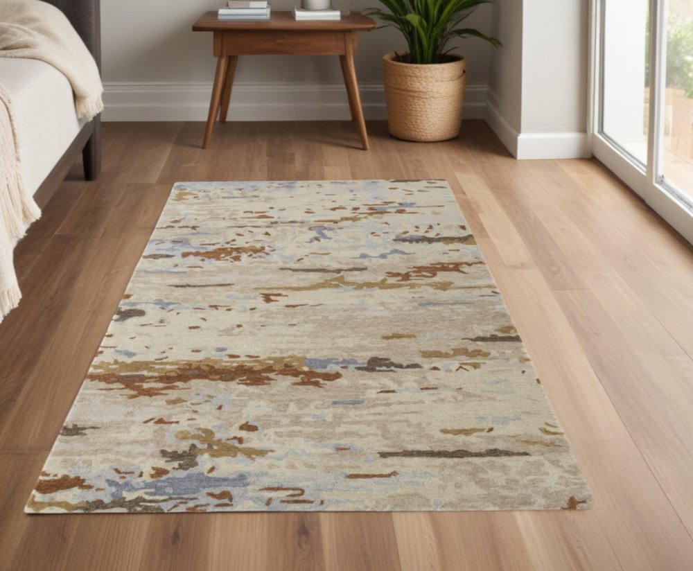 4' X 6' Ivory Blue And Brown Wool Abstract Tufted Handmade Stain Resistant Area Rug