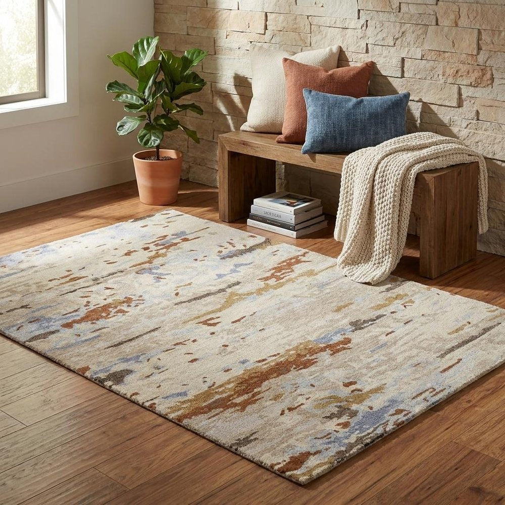 4' X 6' Ivory Blue And Brown Wool Abstract Tufted Handmade Stain Resistant Area Rug