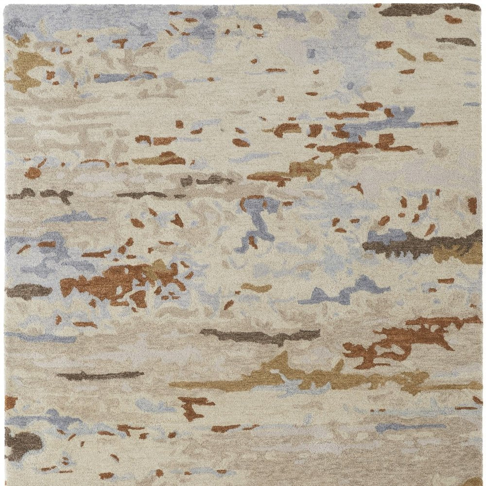 4' X 6' Ivory Blue And Brown Wool Abstract Tufted Handmade Stain Resistant Area Rug