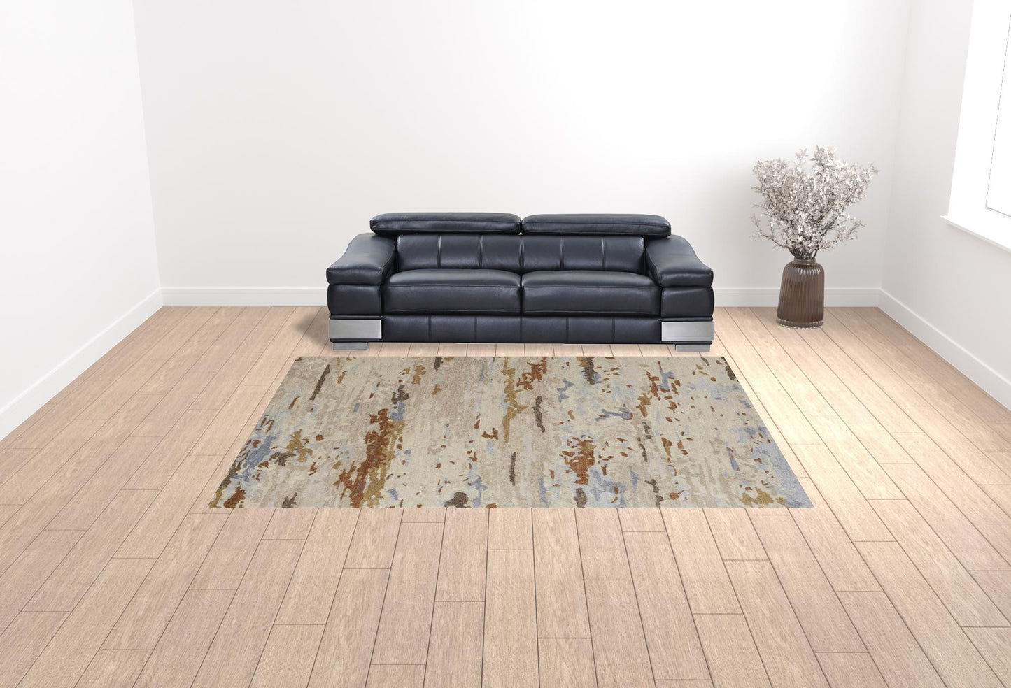 4' X 6' Ivory Blue And Brown Wool Abstract Tufted Handmade Stain Resistant Area Rug