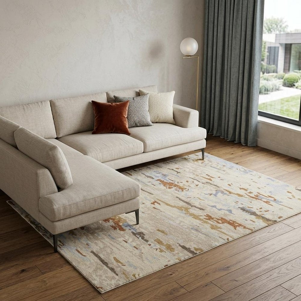 4' X 6' Ivory Blue And Brown Wool Abstract Tufted Handmade Stain Resistant Area Rug