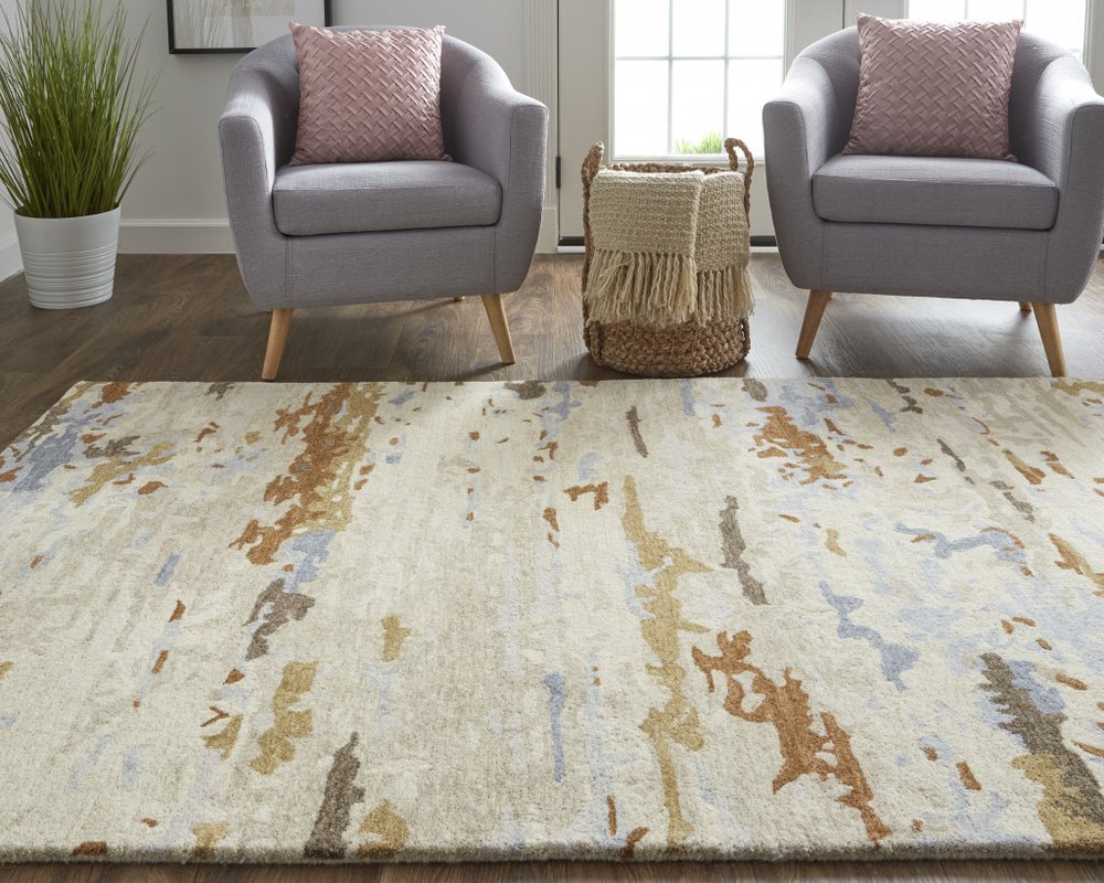 4' X 6' Ivory Blue And Brown Wool Abstract Tufted Handmade Stain Resistant Area Rug