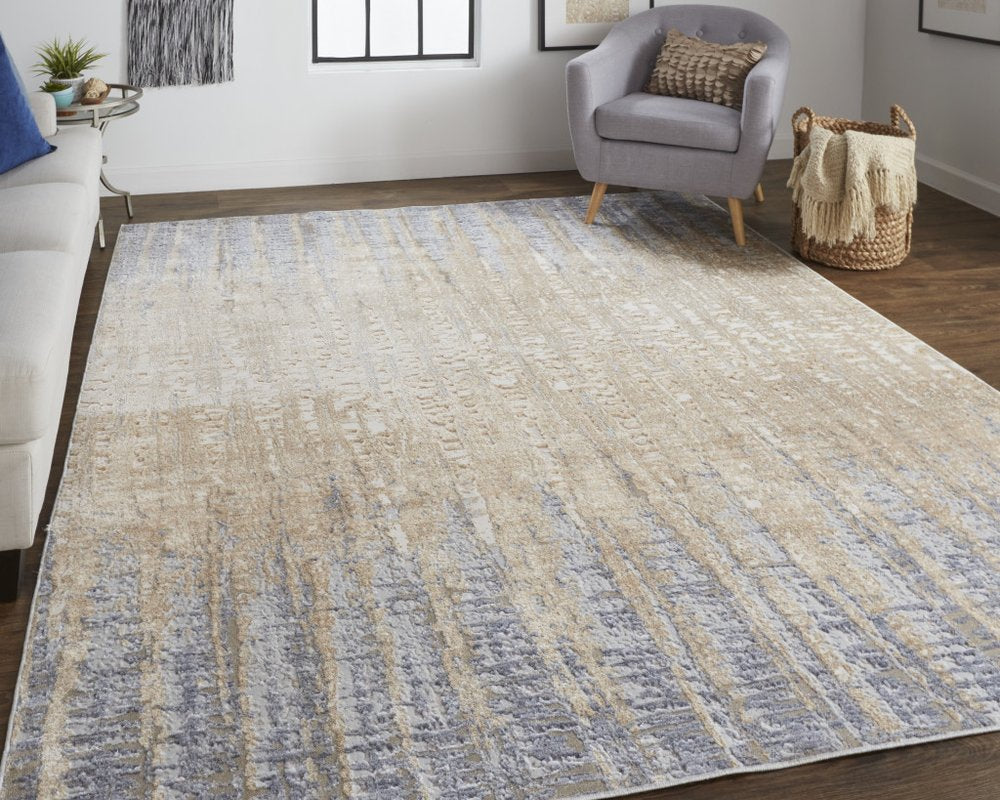 4' X 6' Tan And Blue Abstract Distressed Area Rug
