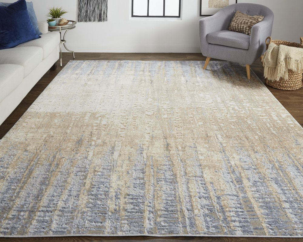 4' X 6' Tan And Blue Abstract Distressed Area Rug