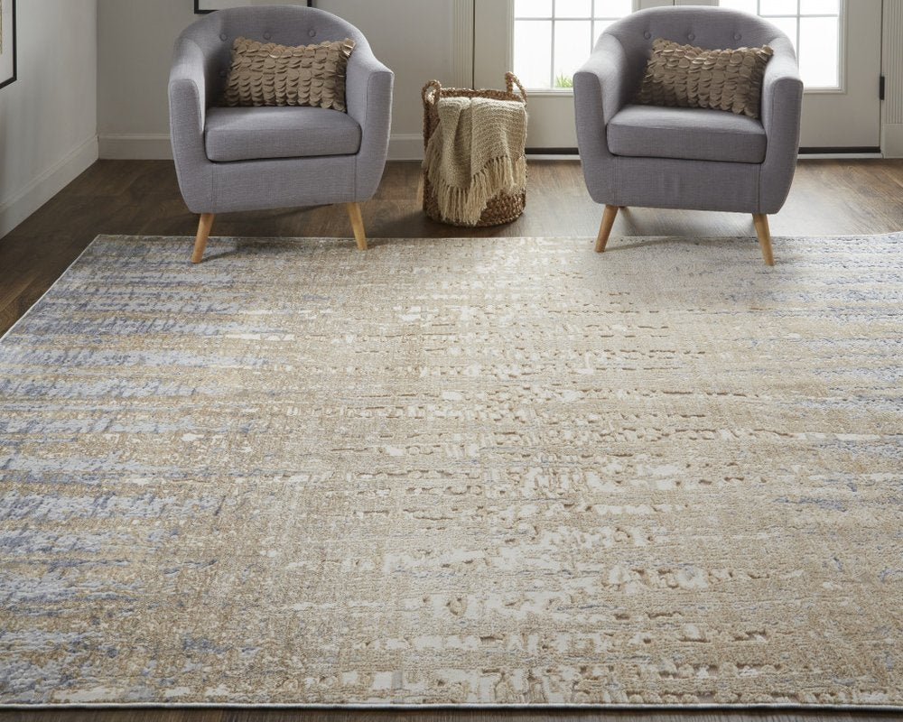 4' X 6' Tan And Blue Abstract Distressed Area Rug