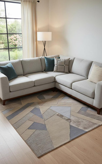 9' X 12' Tan Brown And Blue Wool Geometric Tufted Handmade Area Rug