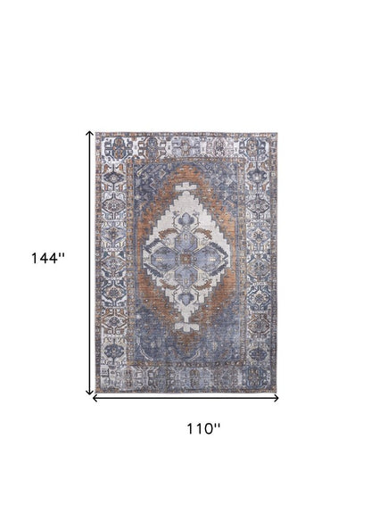 9' X 12' Blue And Ivory Floral Medallion Area Rug