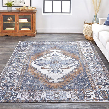 9' X 12' Blue And Ivory Floral Medallion Area Rug