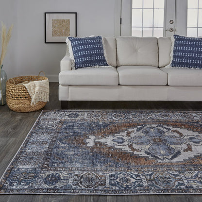 9' X 12' Blue And Ivory Floral Medallion Area Rug