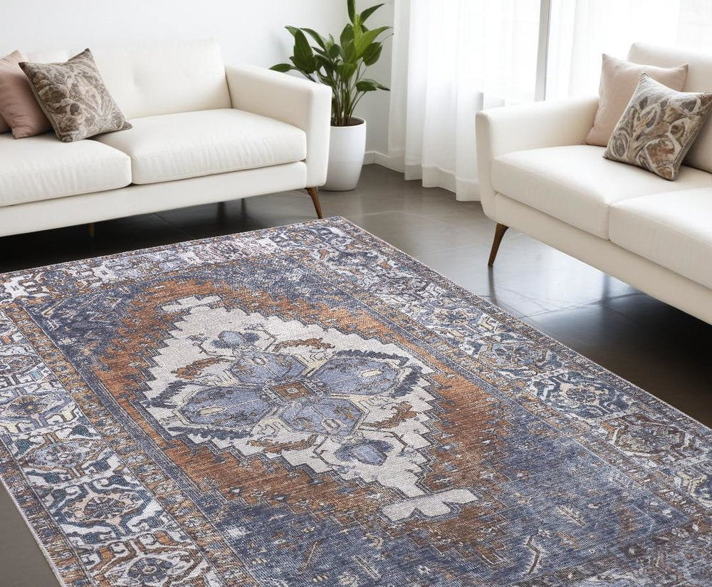 9' X 12' Blue And Ivory Floral Medallion Area Rug