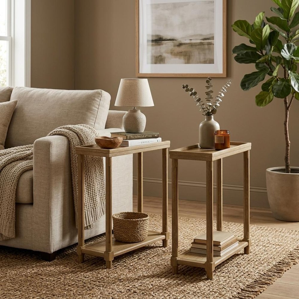 Set of Two Oak Solid Wood End Tables With Shelf