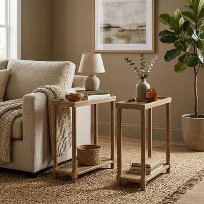 Set of Two Oak Solid Wood End Tables With Shelf