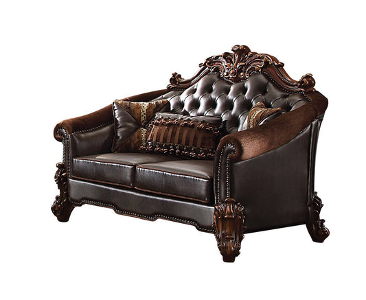 66" Brown And Dark Brown Chenille And Faux Leather Loveseat and Toss Pillows