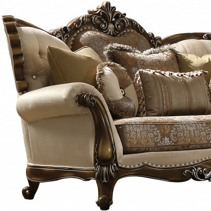 74" Tan And Brown Velvet Damask Curved Loveseat and Toss Pillows