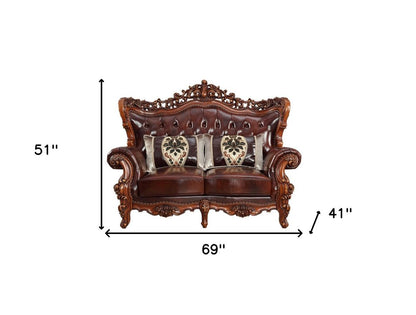 69" Brown And Walnut Top Grain Leather Curved Loveseat and Toss Pillows