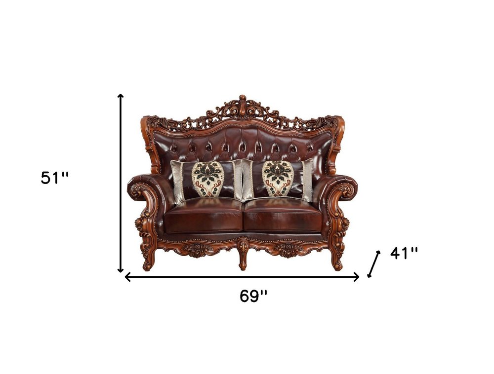 69" Brown And Walnut Top Grain Leather Curved Loveseat and Toss Pillows