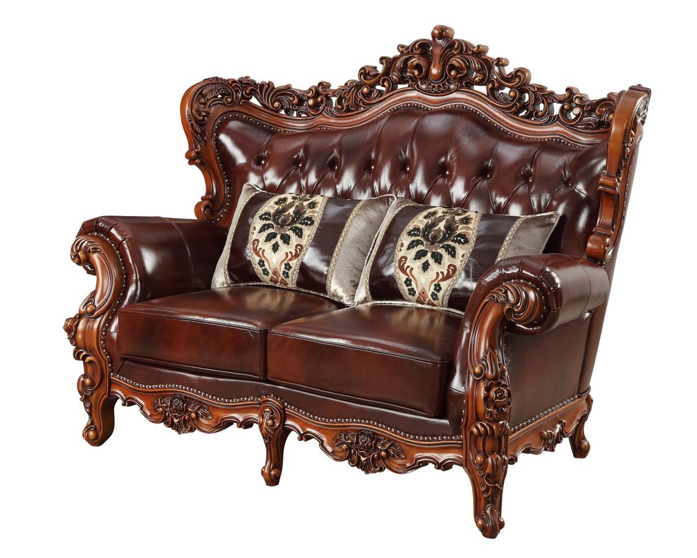 69" Brown And Walnut Top Grain Leather Curved Loveseat and Toss Pillows