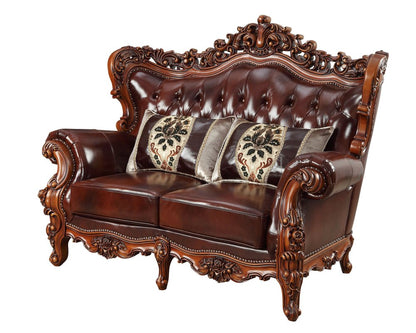 69" Brown And Walnut Top Grain Leather Curved Loveseat and Toss Pillows