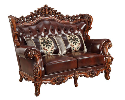 69" Brown And Walnut Top Grain Leather Curved Loveseat and Toss Pillows