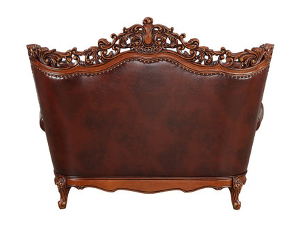 69" Brown And Walnut Top Grain Leather Curved Loveseat and Toss Pillows