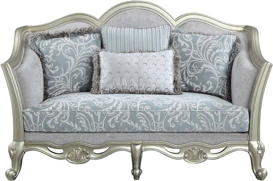 66" Light Gray And Champagne Linen Damask Loveseat and Toss Pillows
