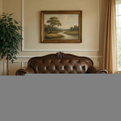 70" Espresso Faux Leather And Black Nailhead Love Seat