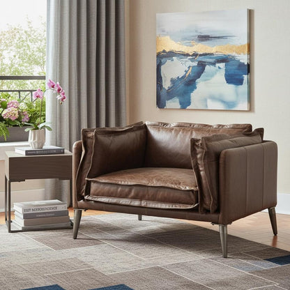 47" Brown and Black Top Grain Leather Chair and a Half