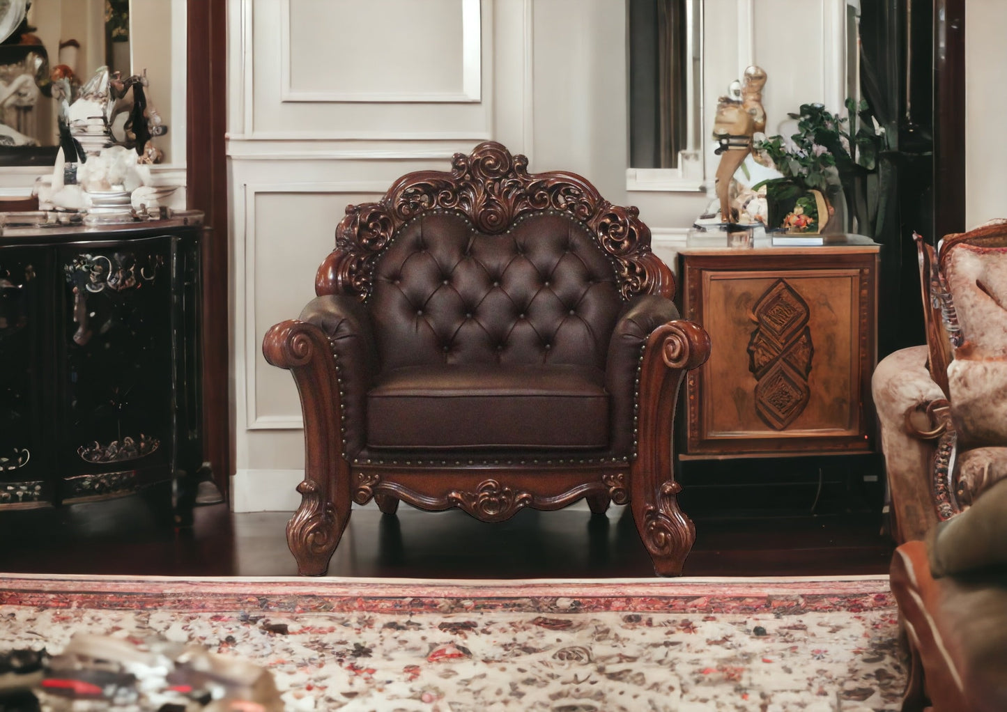 48" Dark Brown Faux Leather Tufted Chesterfield Chair And Toss Pillow