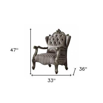 33" Gray and Platinum Velvet Striped Tufted Wingback Chair And Toss Pillow