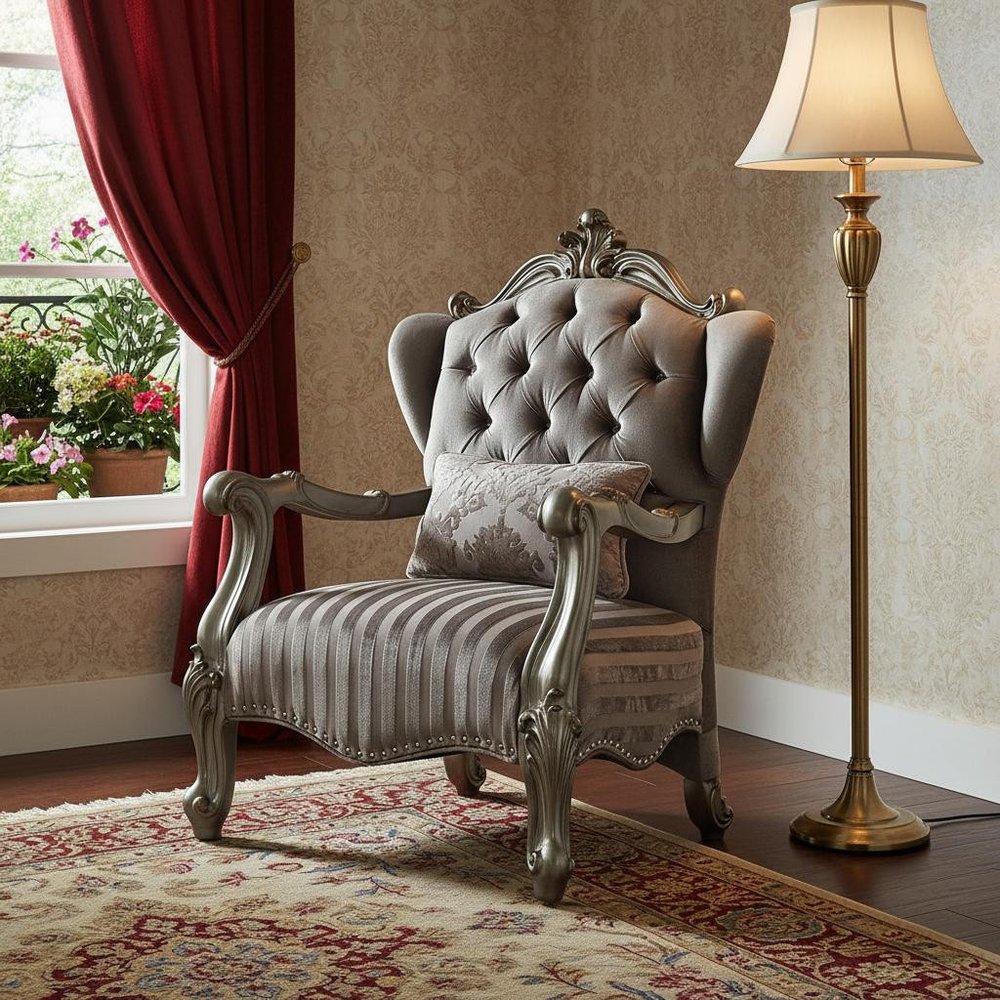 33" Gray and Platinum Velvet Striped Tufted Wingback Chair And Toss Pillow