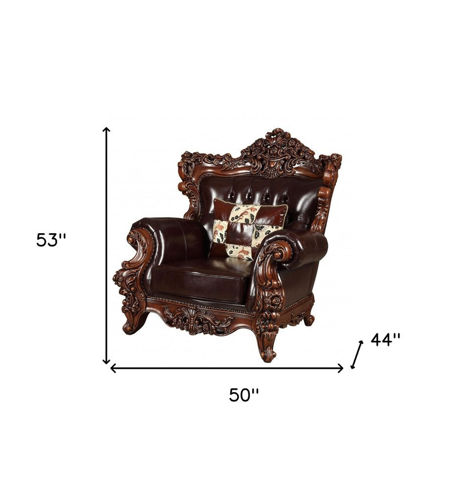 50" Espresso Faux Leather Tufted Wingback Chair And Toss Pillow