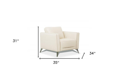 35" Cream and Black Genuine Leather Arm Chair