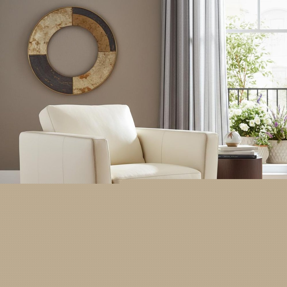 35" Cream and Black Genuine Leather Arm Chair