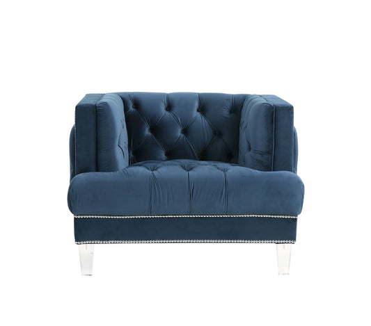 41" Blue and Black Velvet Tufted Arm Chair