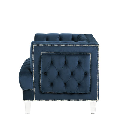 41" Blue and Black Velvet Tufted Arm Chair