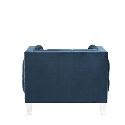 41" Blue and Black Velvet Tufted Arm Chair