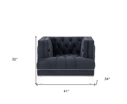 41" Charcoal and Black Velvet Tufted Arm Chair