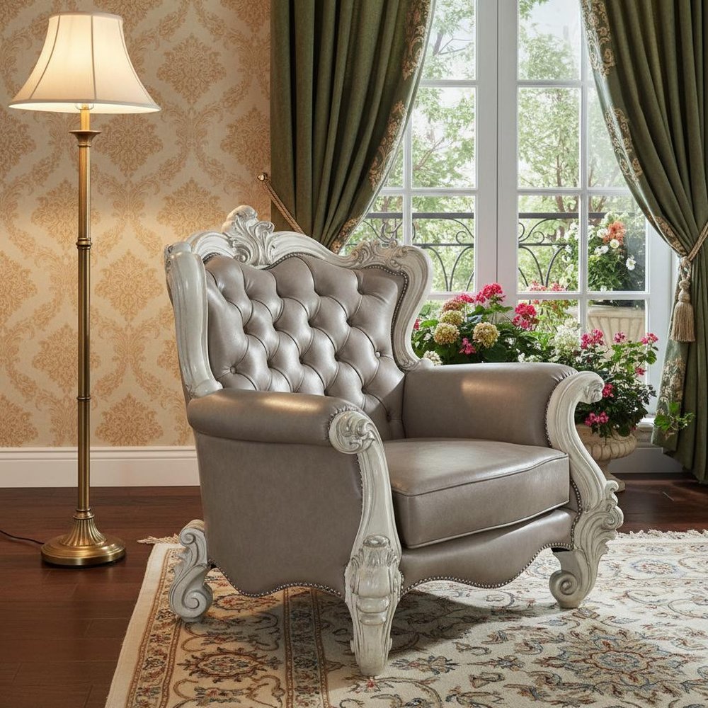 43" Gray and Bone Faux Leather Tufted Chesterfield Chair And Toss Pillows