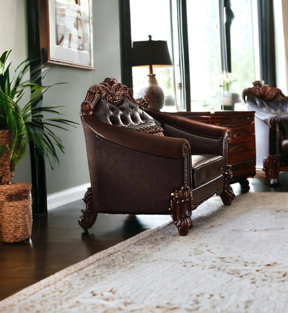 43" Dark Brown Faux Leather Tufted Chesterfield Chair And Toss Pillow
