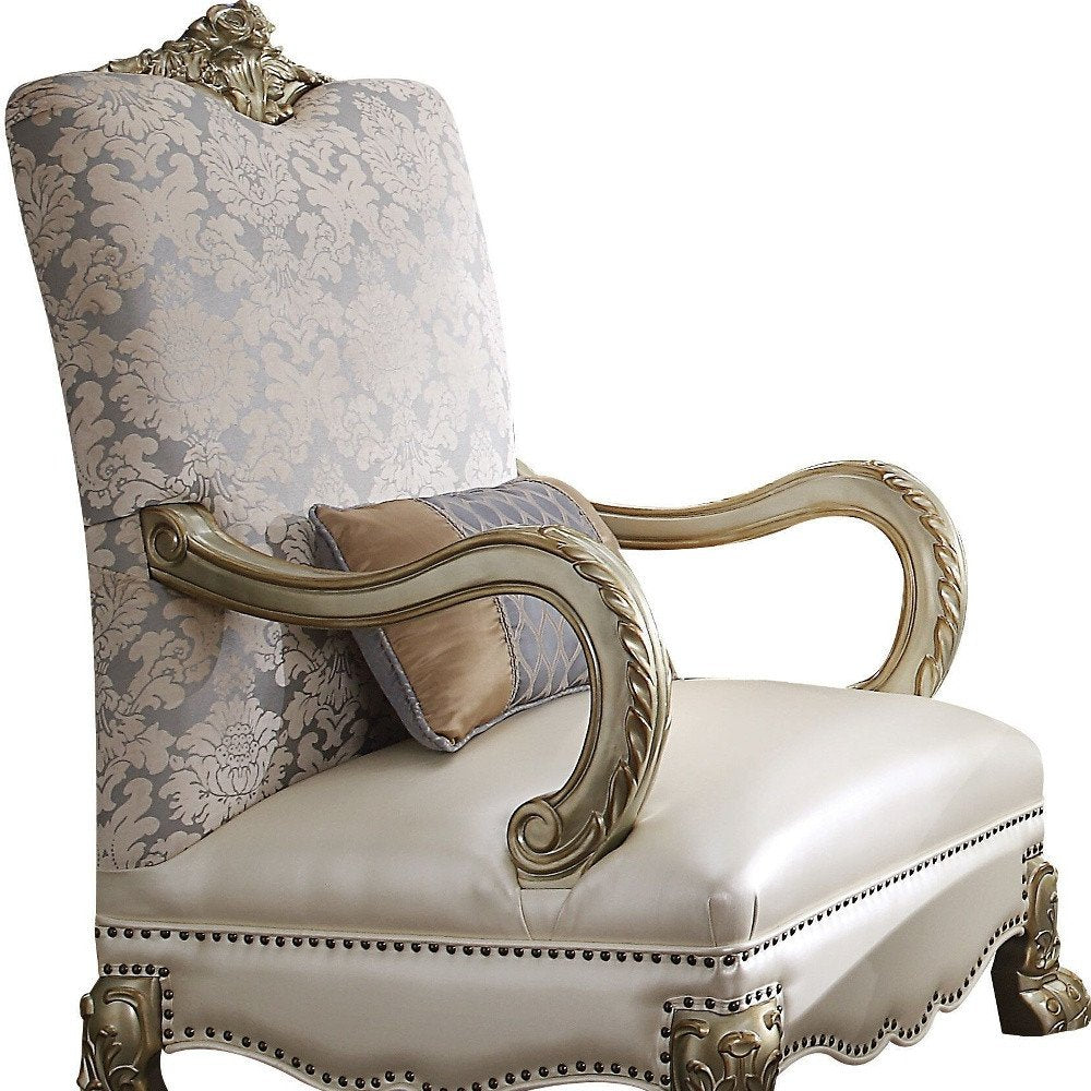 34" Pearl and Gold Faux Leather Floral Arm Chair And Toss Pillow