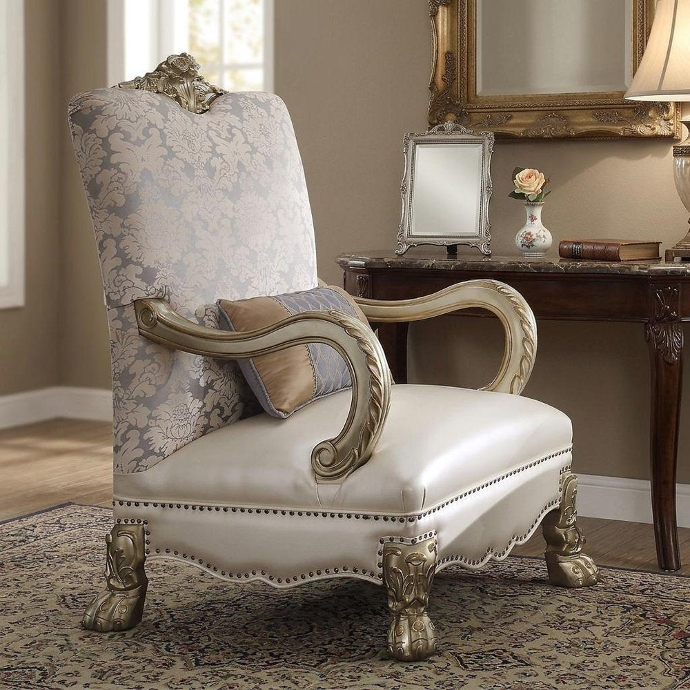 34" Pearl and Gold Faux Leather Floral Arm Chair And Toss Pillow