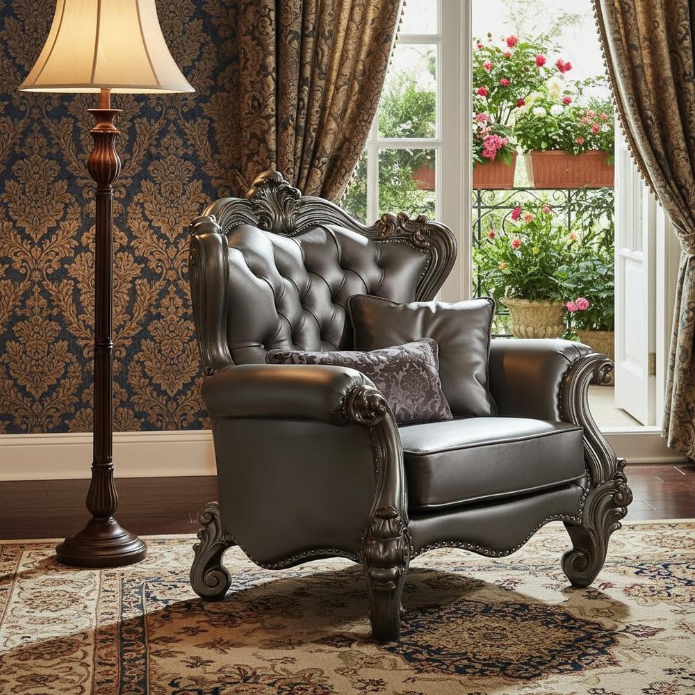 44" Silver and Platinum Faux Leather Tufted Wingback Chair And Toss Pillows