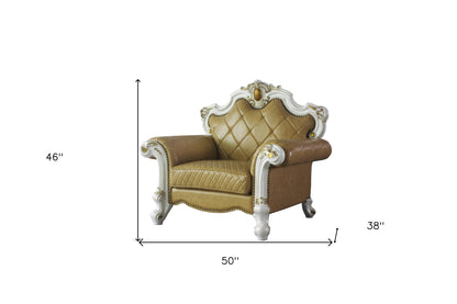 50" Beige and Pearl Faux Leather Tufted Arm Chair And Toss Pillow