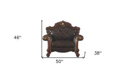 50" Chocolate Faux Leather Tufted Chesterfield Chair And Toss Pillow