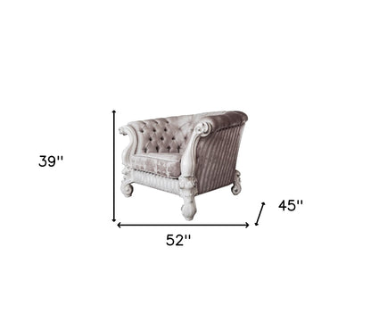 52" Ivory and Bone Fabric Damask Tufted Chesterfield Chair And Toss Pillows
