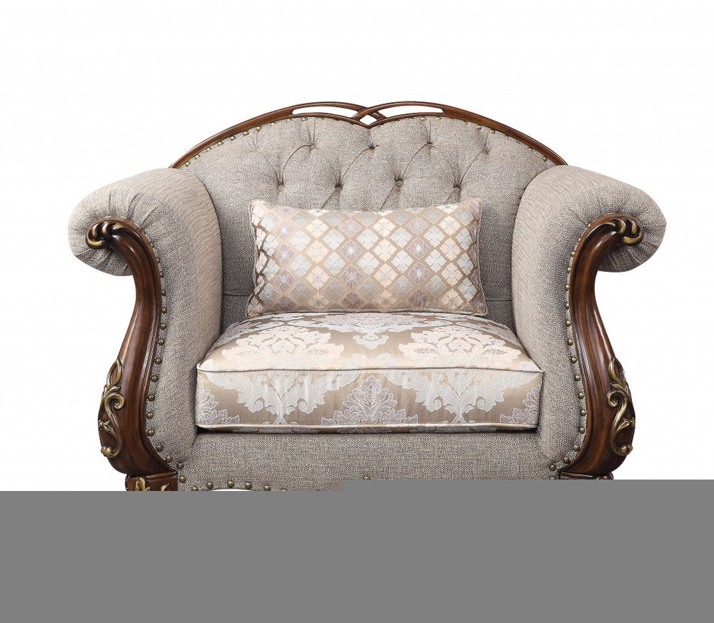 48" Beige and Brown Fabric Floral Arm Chair