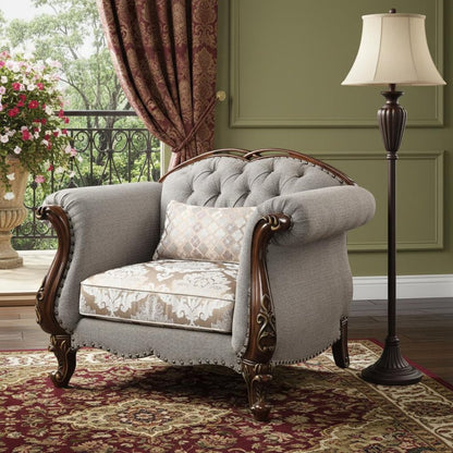 48" Beige and Brown Fabric Floral Arm Chair