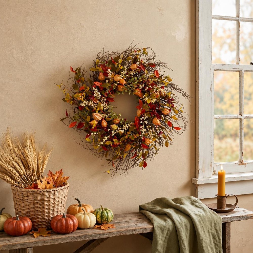20" Green Brown  And White Fall Mixed Assortment Artificial Wreath