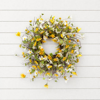 24" Green White And Yellow Spring Daisy Artificial Wreath