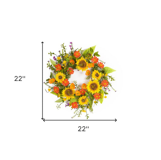 22" Green And Yellow Summer Sunflower Artificial Wreath